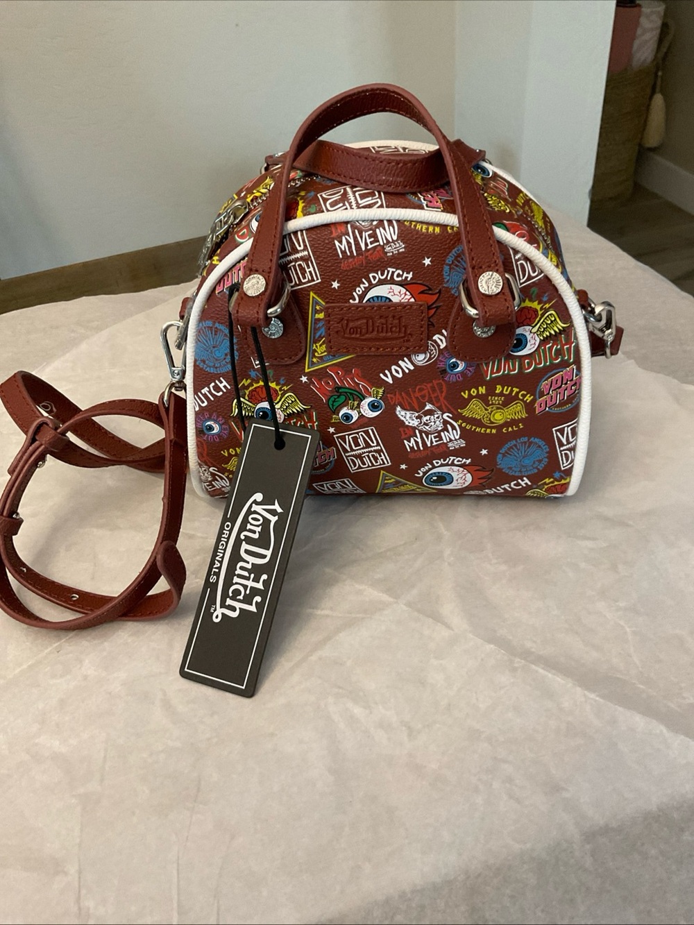 Vin Dutch Mini Bowling Bag With Crossbody Strap. Fall Brown Trendy Graffiti NEW